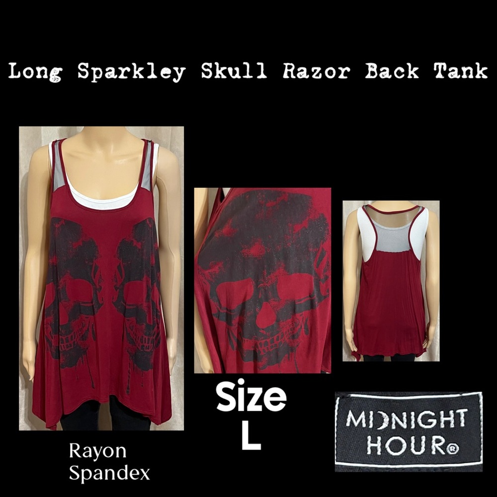 Size L- Long Sparkley Skull Razor Back Tank